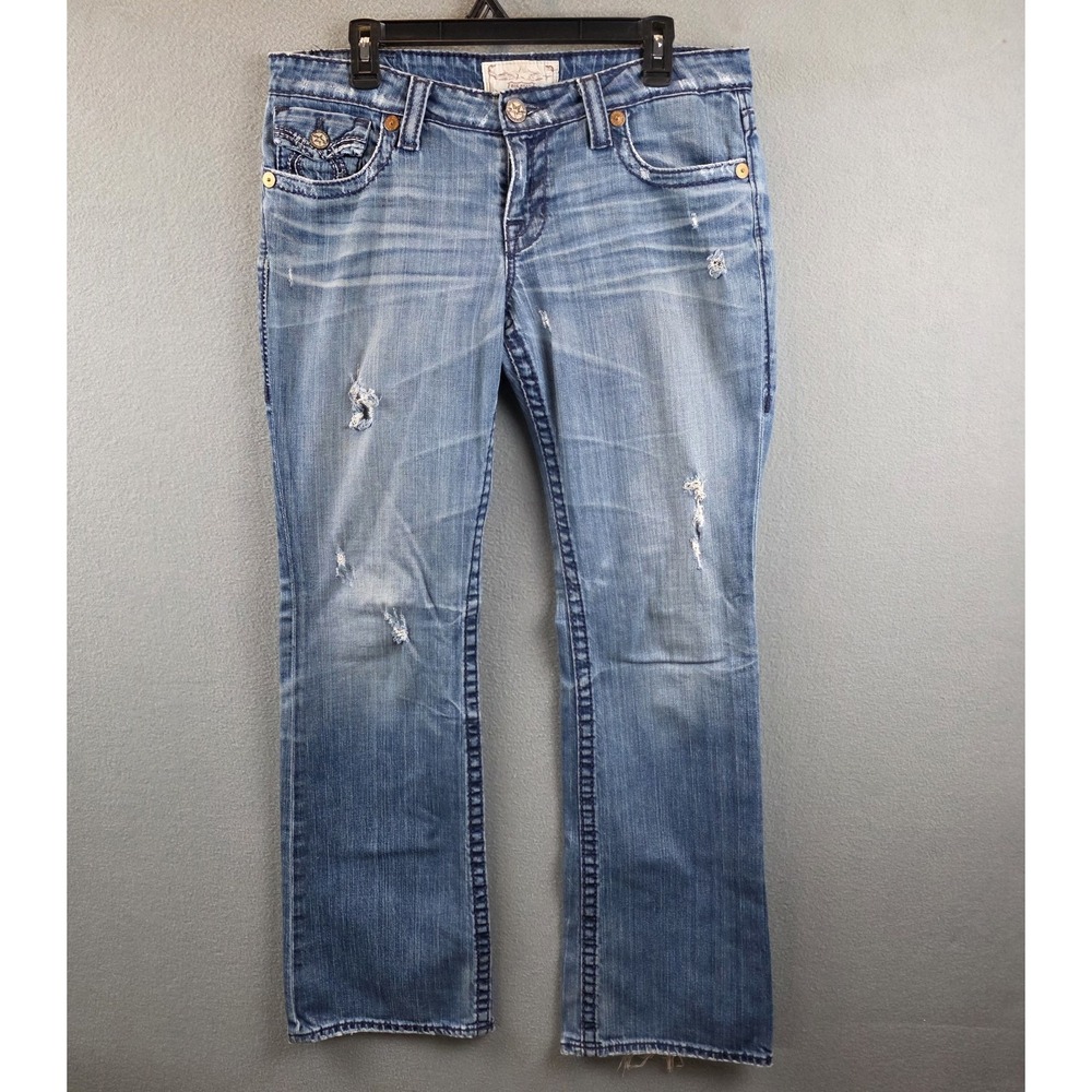 Big Star‎ Jeans Womens 32L Blue Liv Bootcut Distressed Denim Thick Stitch 34x32